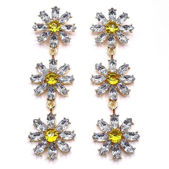 Yellow Gold with White and Yellow Crystal Daisy Flower Post Back Earrings - Picture 1 of 6